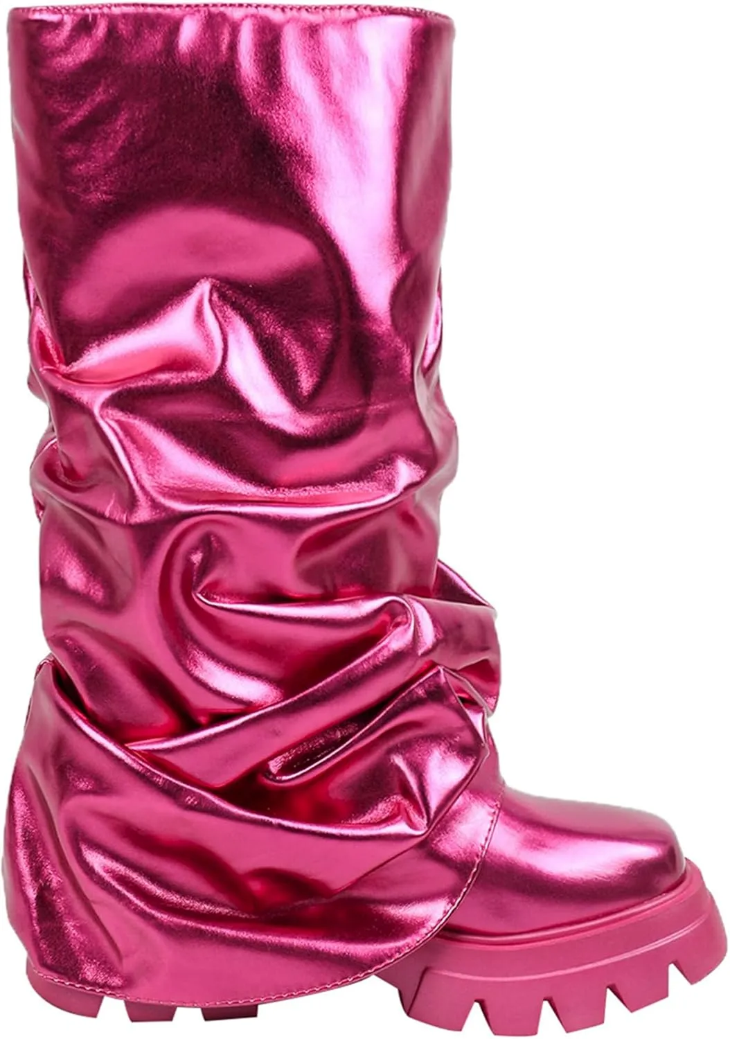 DETOGNI Women's Metallic Mid Calf Pull-On Fit Boots Scrunched Foldover Chunky Platform Sole Rounded Toe Booties