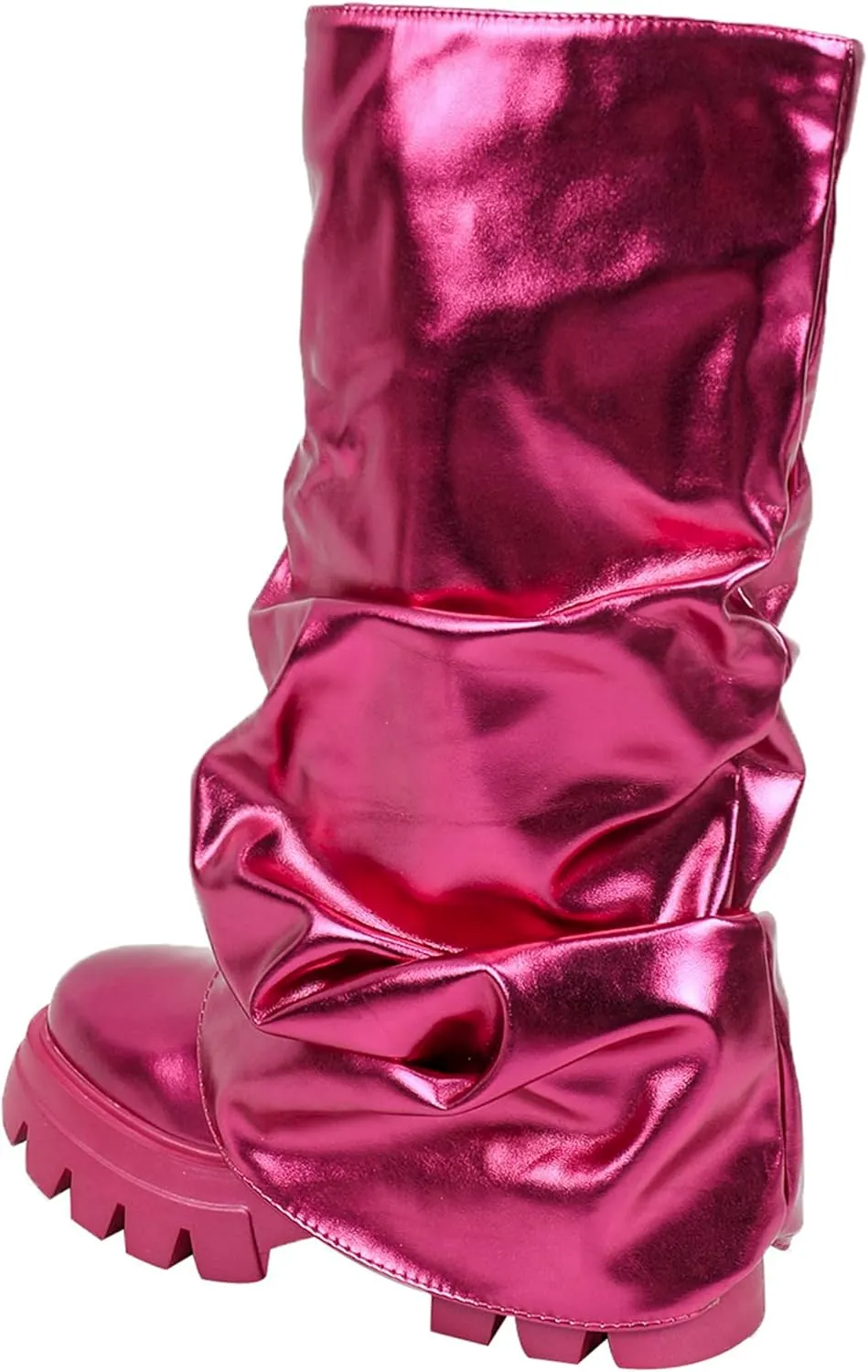 DETOGNI Women's Metallic Mid Calf Pull-On Fit Boots Scrunched Foldover Chunky Platform Sole Rounded Toe Booties