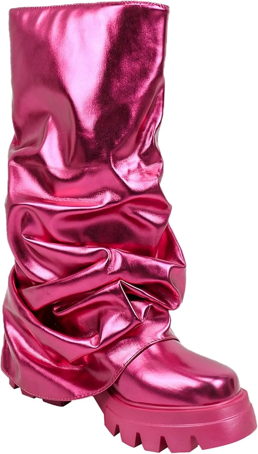DETOGNI Women's Metallic Mid Calf Pull-On Fit Boots Scrunched Foldover Chunky Platform Sole Rounded Toe Booties