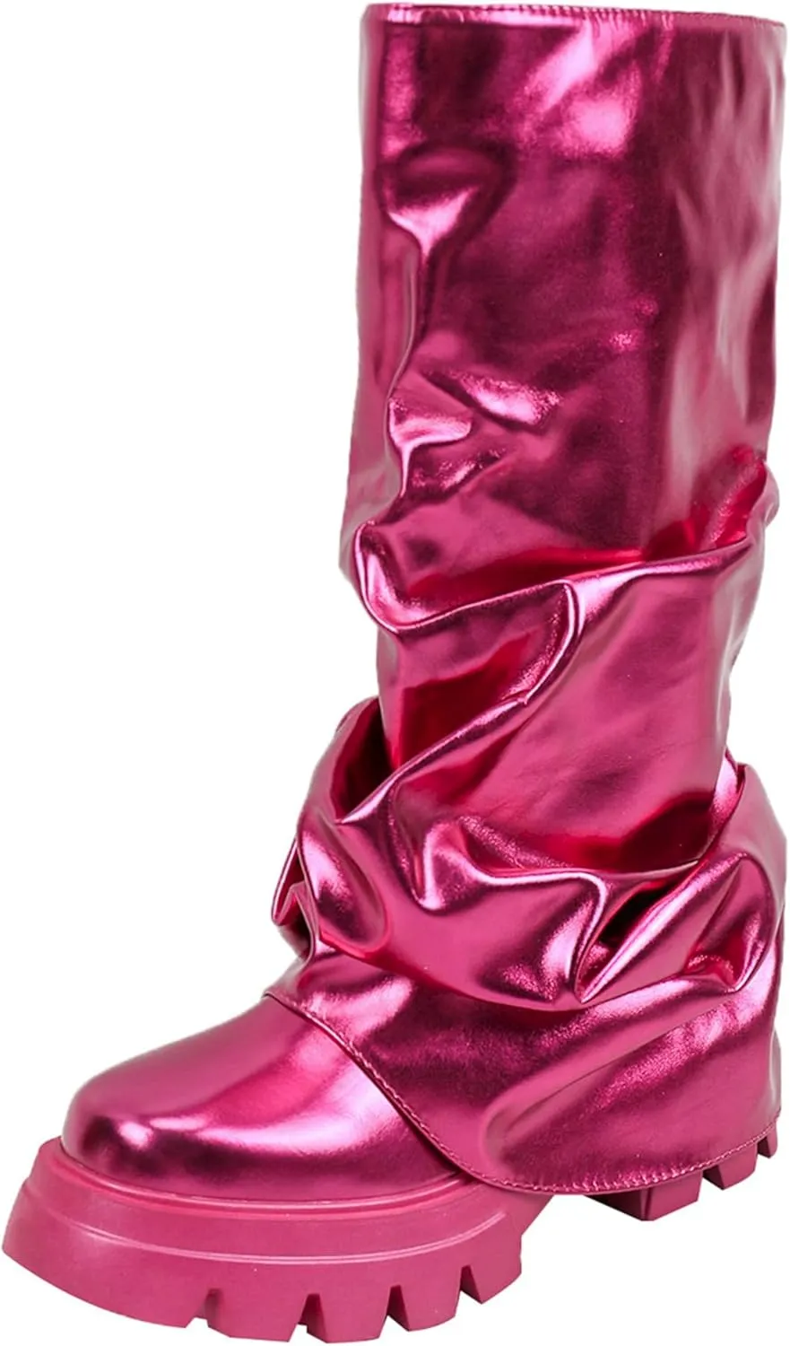 DETOGNI Women's Metallic Mid Calf Pull-On Fit Boots Scrunched Foldover Chunky Platform Sole Rounded Toe Booties