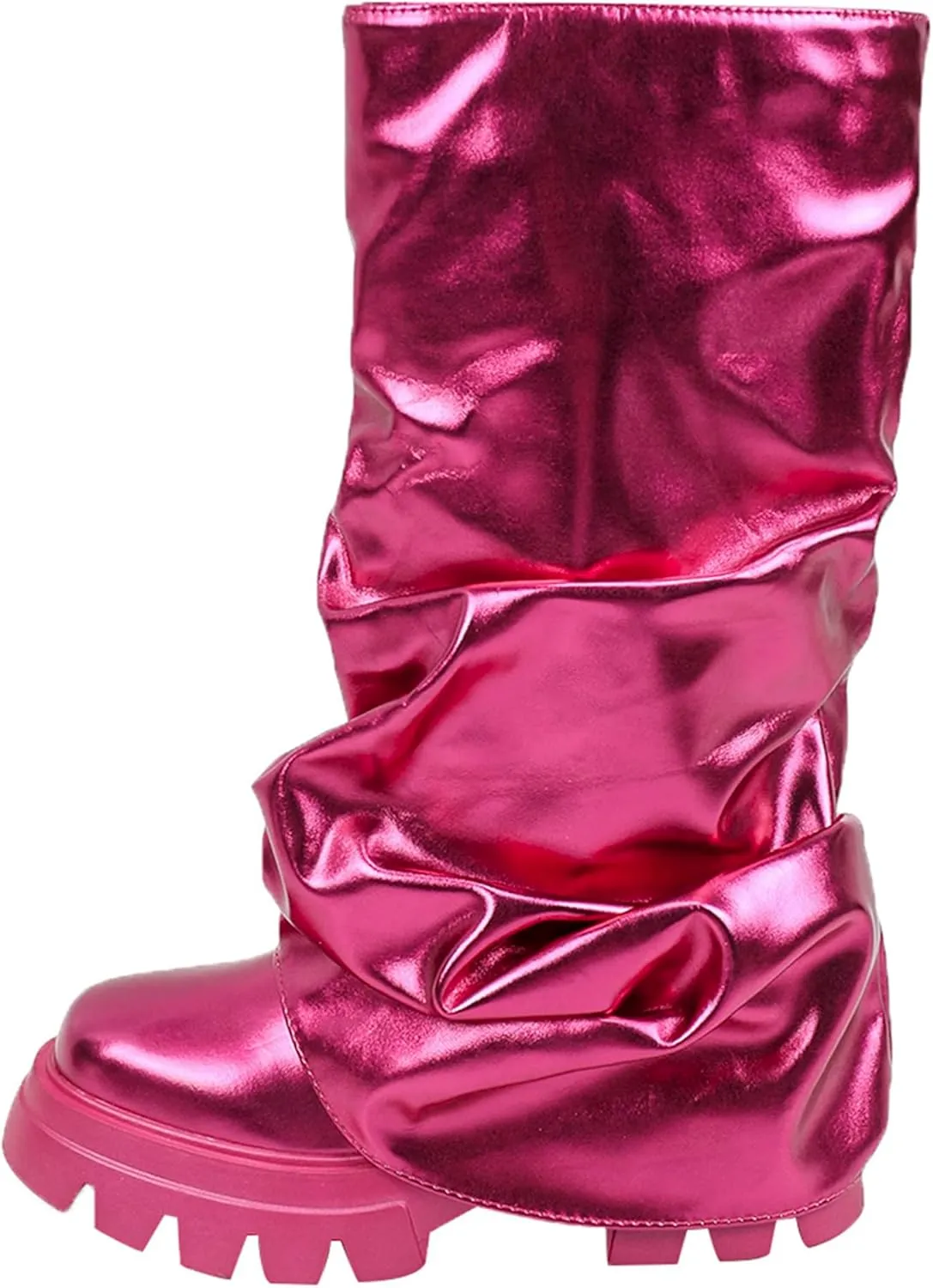 DETOGNI Women's Metallic Mid Calf Pull-On Fit Boots Scrunched Foldover Chunky Platform Sole Rounded Toe Booties