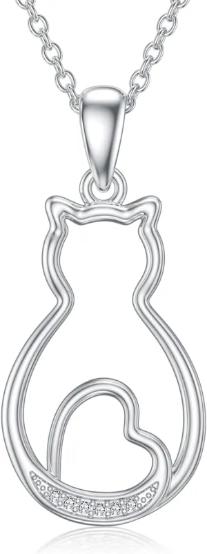 Diamond Cat Necklace for Women 925 Sterling Silver Cat Pendant Necklace Cute Animal Diamond Jewelry Gifts for Wife Friend