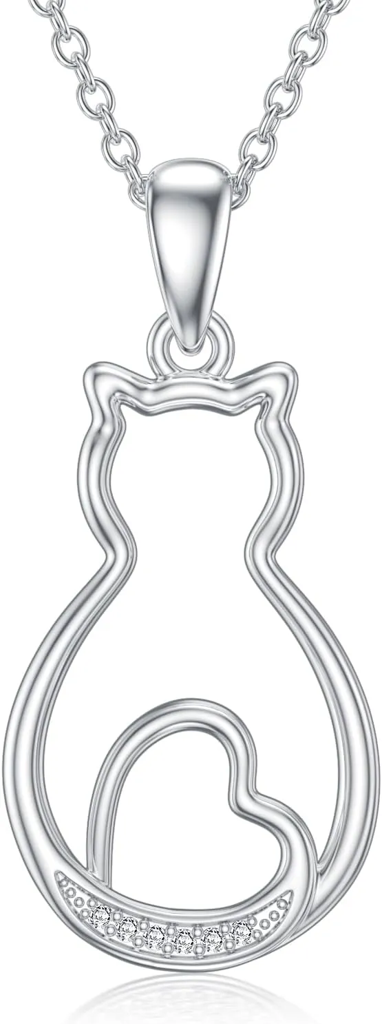 Diamond Cat Necklace for Women 925 Sterling Silver Cat Pendant Necklace Cute Animal Diamond Jewelry Gifts for Wife Friend