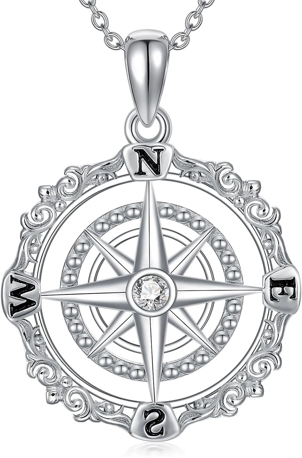 Diamond Compass Necklace for Women 925 Sterling Silver Lab-Grown Diamond Vintage Style Filigree Compass Pendant Necklaces Christmas Birthday Gifts