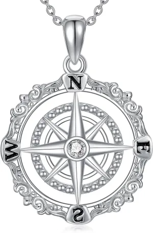 Diamond Compass Necklace for Women 925 Sterling Silver Lab-Grown Diamond Vintage Style Filigree Compass Pendant Necklaces Christmas Birthday Gifts