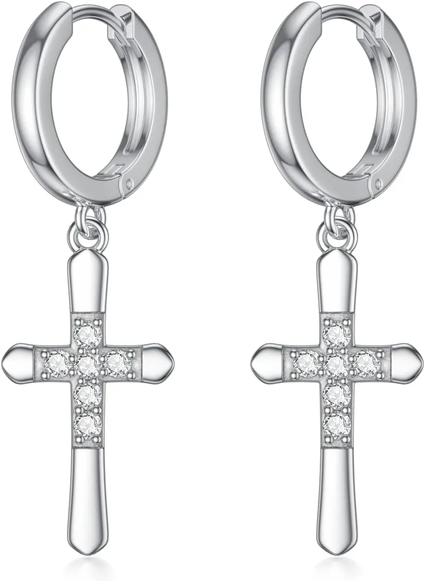 Diamond Cross Earrings for Women 925 Sterling Silver 0.17 Cttw D Color Diamonds Cross Huggie Drop Earring Religious Jewelry Gifts for Christmas