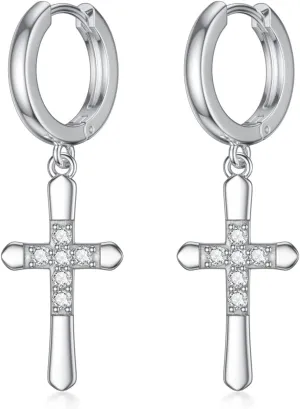 Diamond Cross Earrings for Women 925 Sterling Silver 0.17 Cttw D Color Diamonds Cross Huggie Drop Earring Religious Jewelry Gifts for Christmas