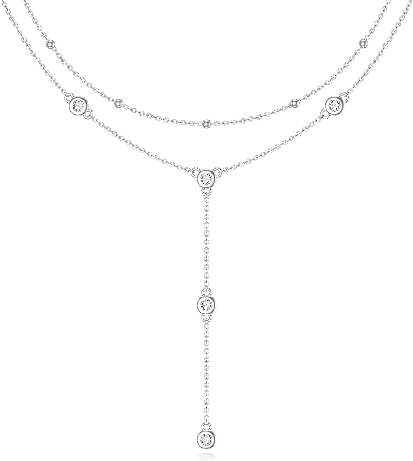 Diamond Station Layered Lariat Necklace for Women 925 Sterling Silver Layering Y-Shaped Chain Necklace with Lab Grown Diamond Jewelry Gifts