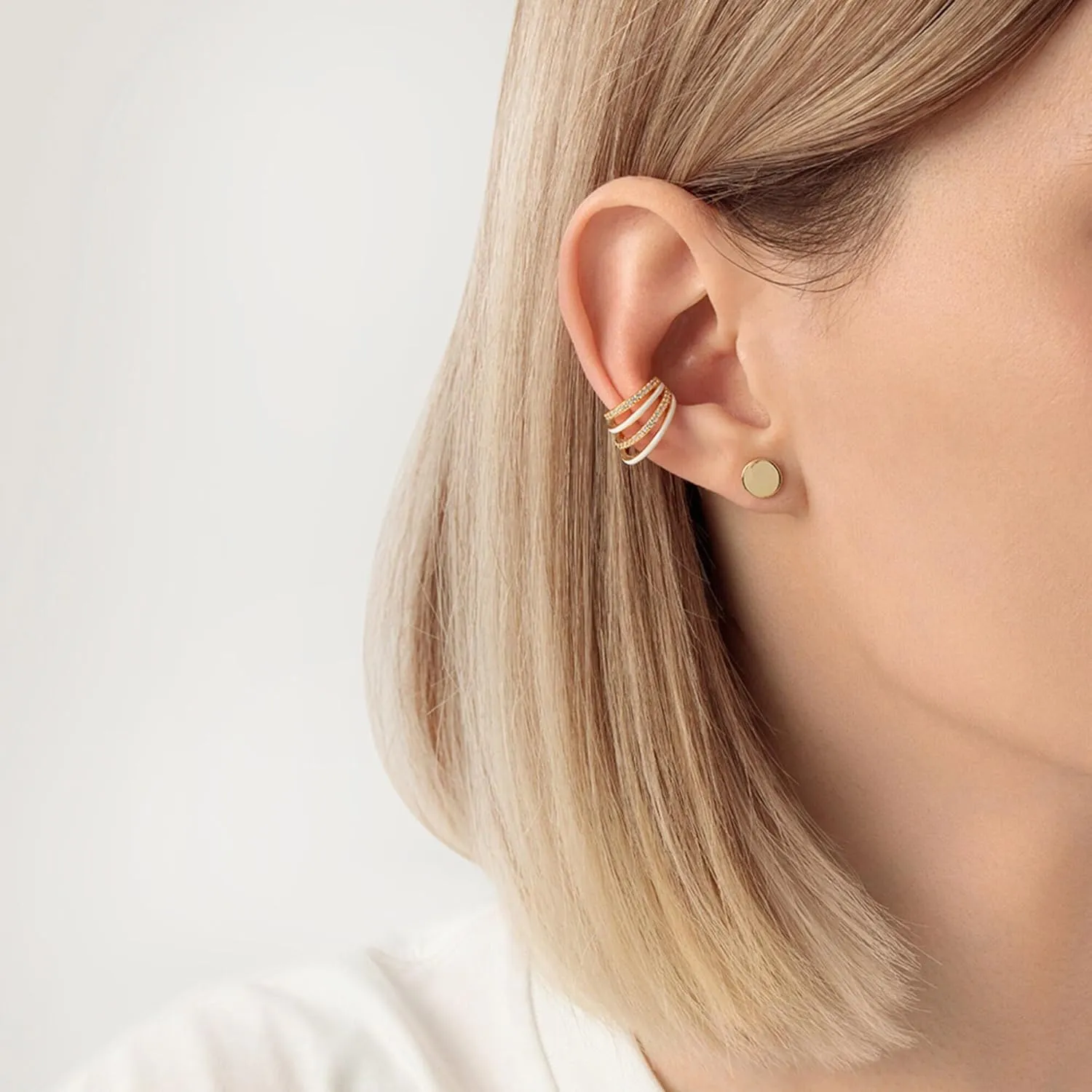 Diamond(0.19ct) Enamel Ear Cuff Earring,14K Gold Four Wire Cuff Earring, Summer Ear Cuff, Four Conch Wrap, Minimalist Jewelry.