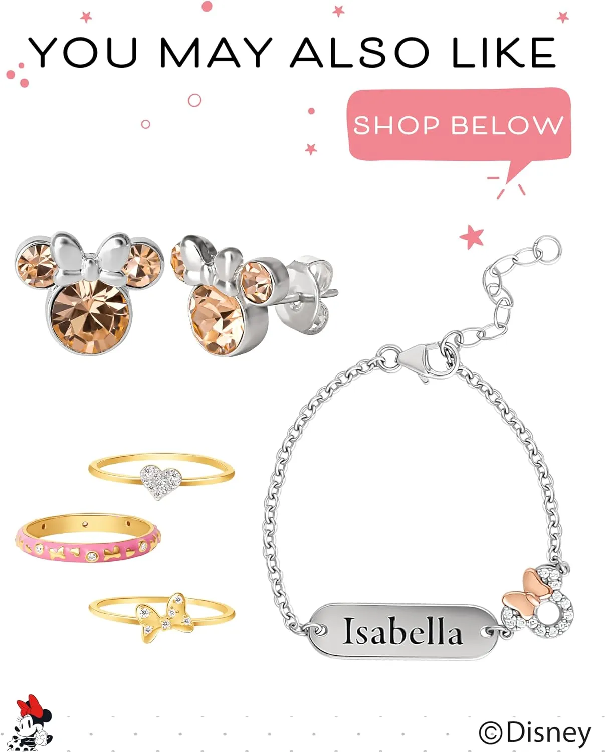 Disney Minnie Mouse Crystal Birthstone Jewelry, Birth Month Pendant Necklace, Silver Plated