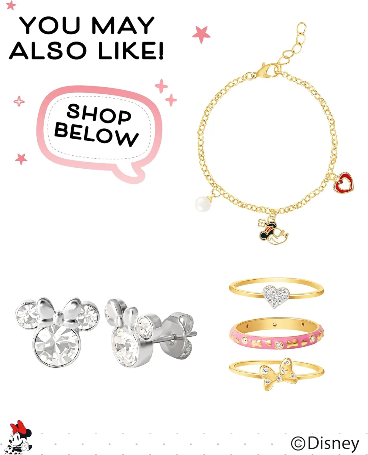 Disney Minnie Mouse Crystal Birthstone Jewelry, Birth Month Pendant Necklace, Silver Plated