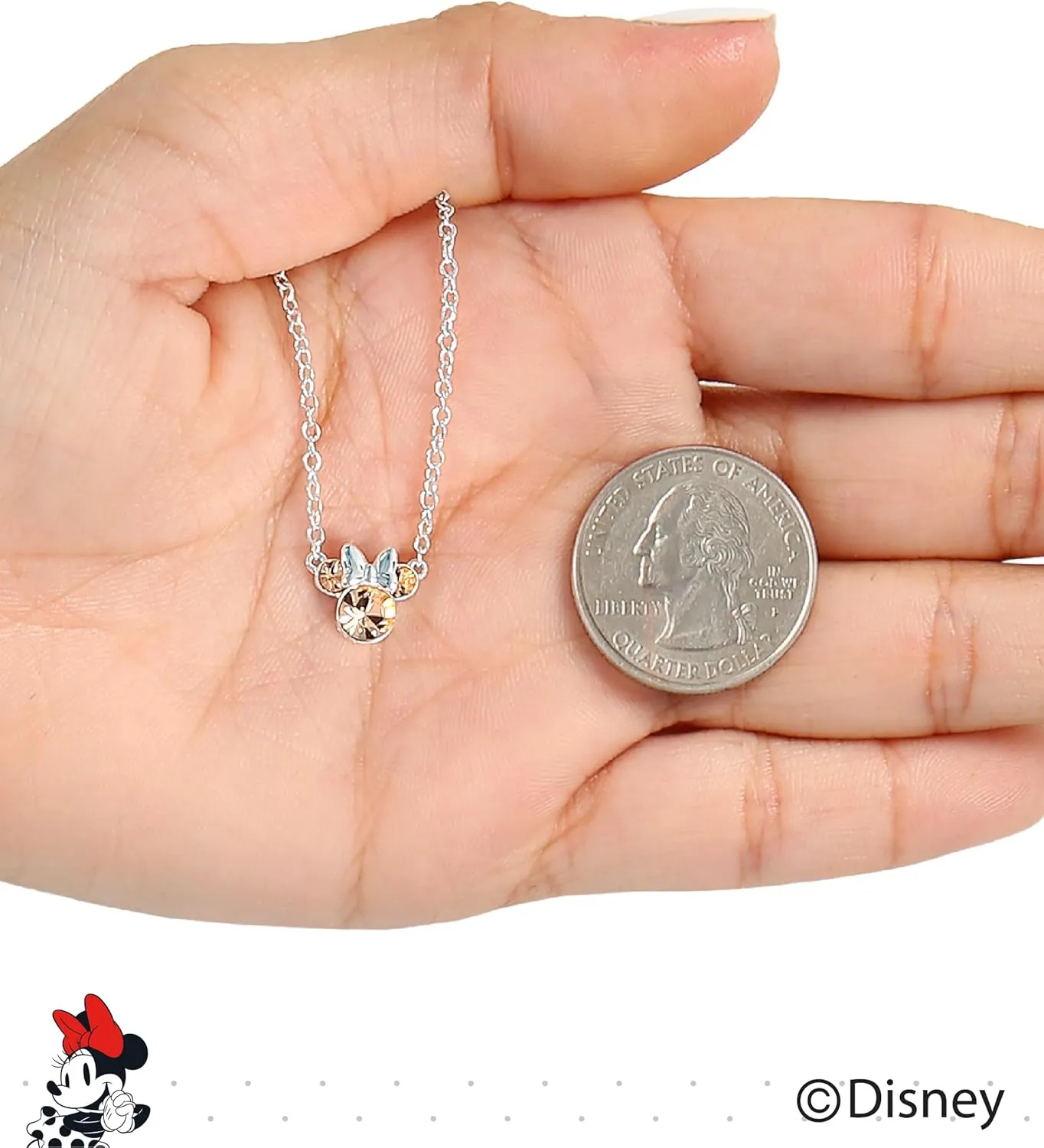 Disney Minnie Mouse Crystal Birthstone Jewelry, Birth Month Pendant Necklace, Silver Plated
