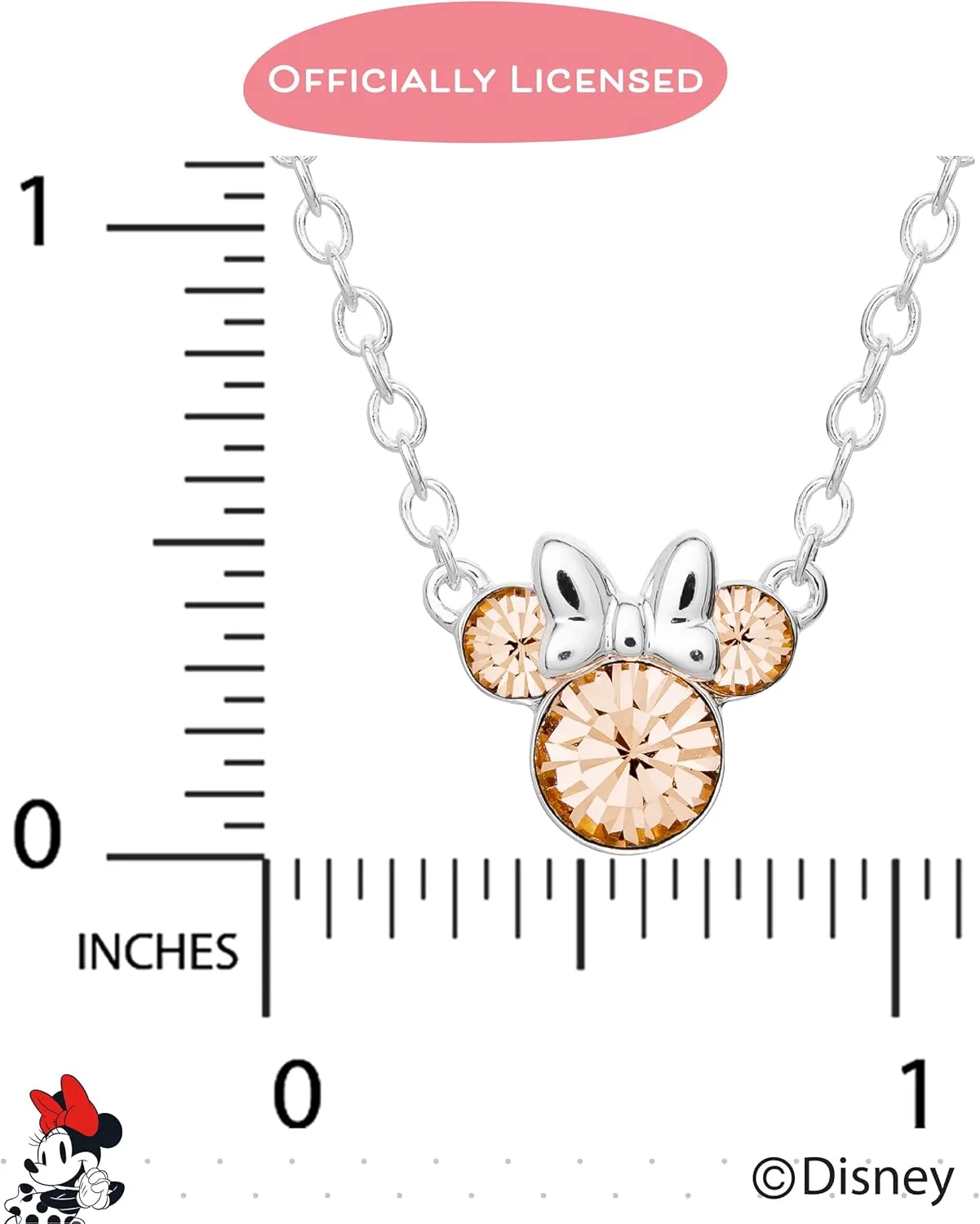 Disney Minnie Mouse Crystal Birthstone Jewelry, Birth Month Pendant Necklace, Silver Plated