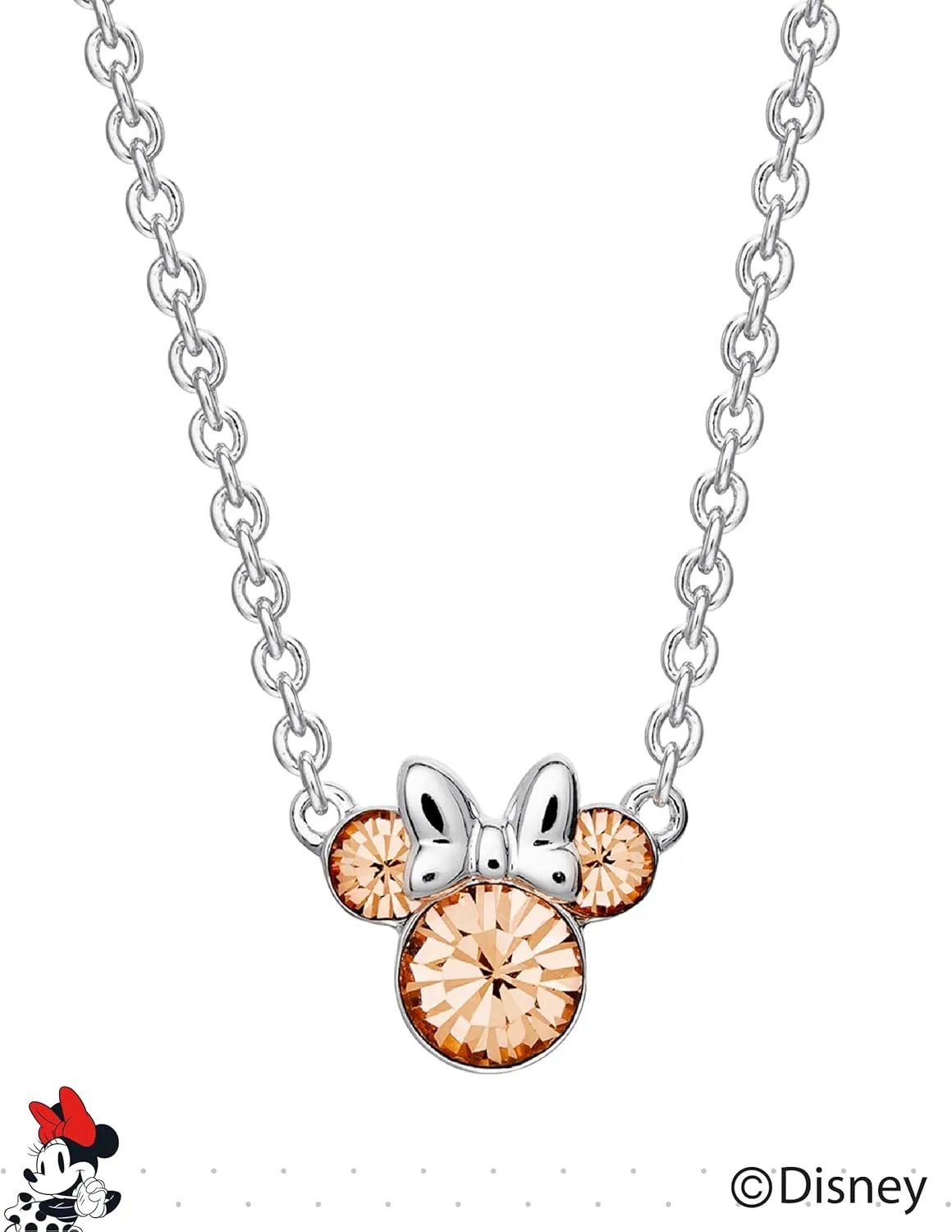 Disney Minnie Mouse Crystal Birthstone Jewelry, Birth Month Pendant Necklace, Silver Plated