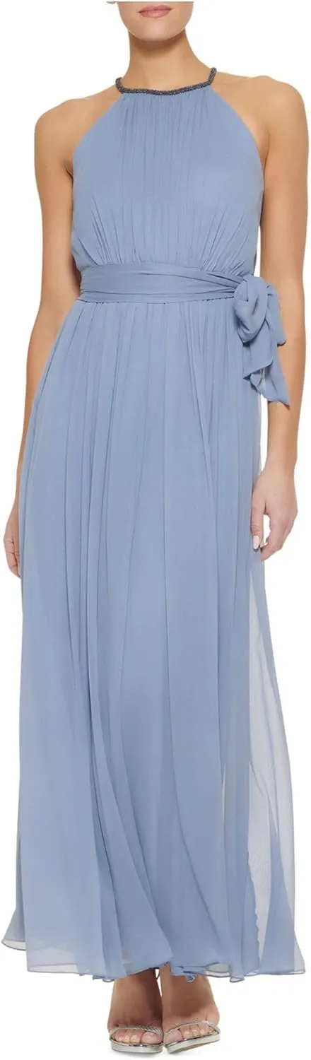DKNY womens Halter Neck Chiffon Belted Gown