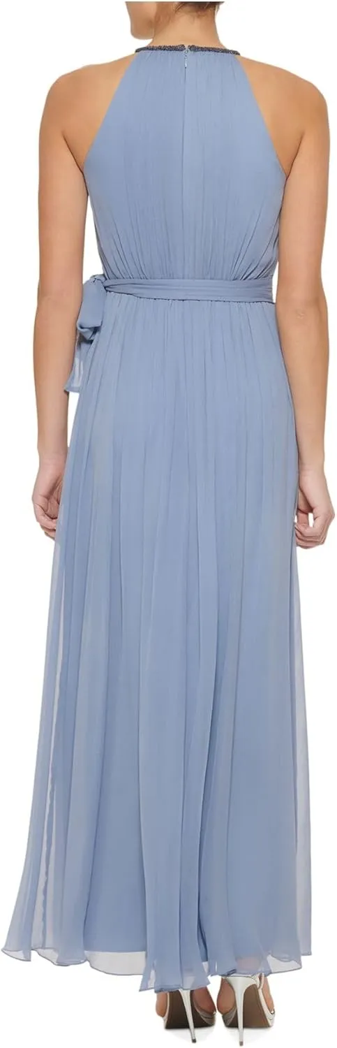 DKNY womens Halter Neck Chiffon Belted Gown