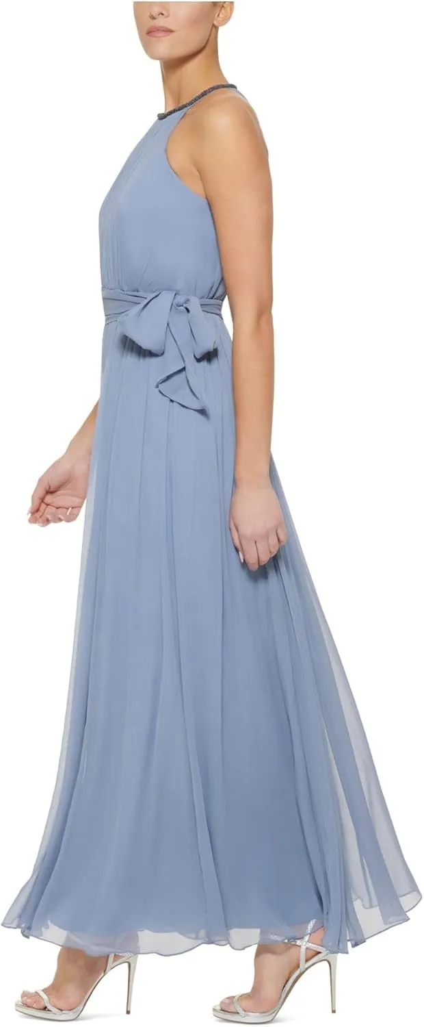 DKNY womens Halter Neck Chiffon Belted Gown