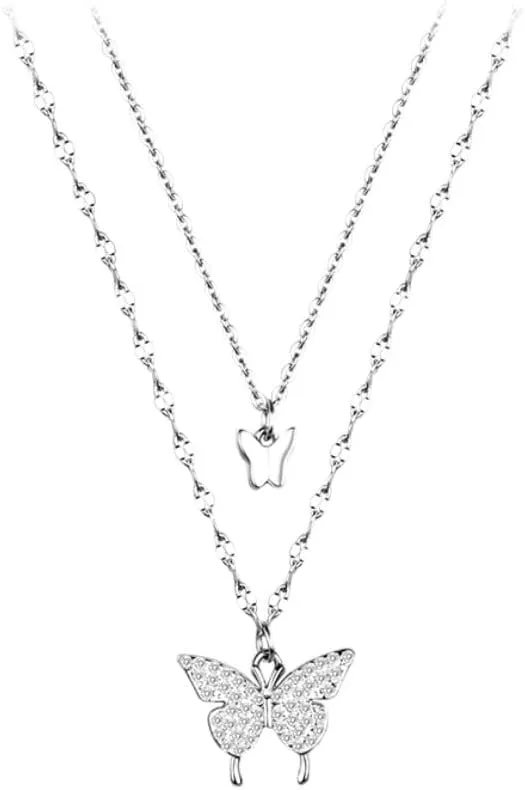 Double Layer Butterfly Necklace, Crystal Rhinestone Pendant, Silver Chain, Layered Choker