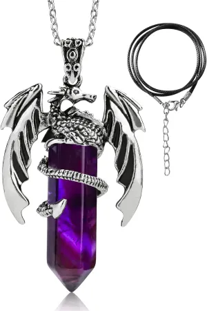 Dragon Necklace - Hexagonal Crystal Wrapped Silver Pendant with Natural Crystal - Cool Jewelry for Men and Women