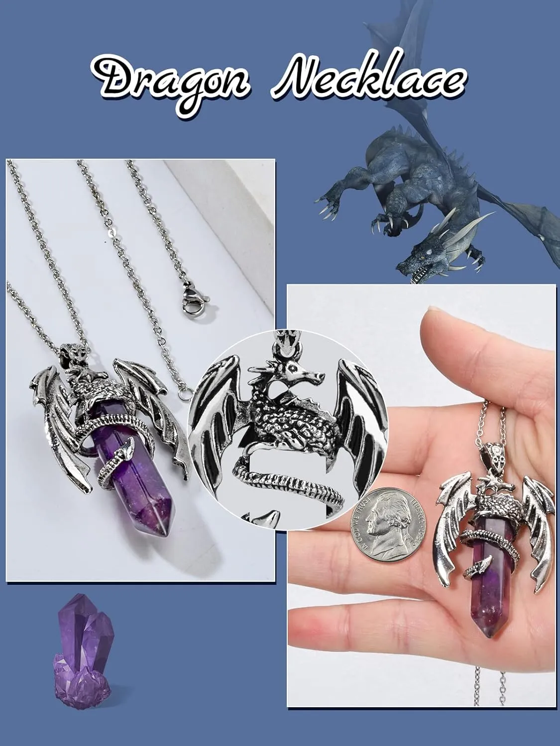Dragon Necklace - Hexagonal Crystal Wrapped Silver Pendant with Natural Crystal - Cool Jewelry for Men and Women
