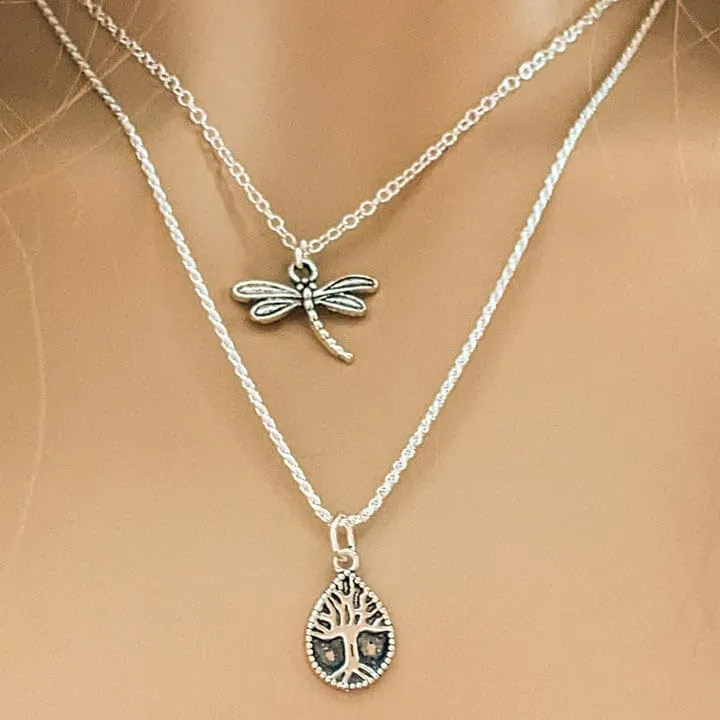 Dragonfly Layered Necklace Set - Silver (Medium - 18 inch-20 inch-24 inch)