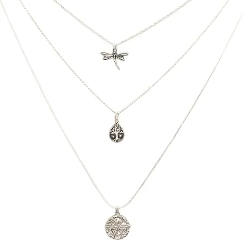 Dragonfly Layered Necklace Set - Silver (Medium - 18 inch-20 inch-24 inch)