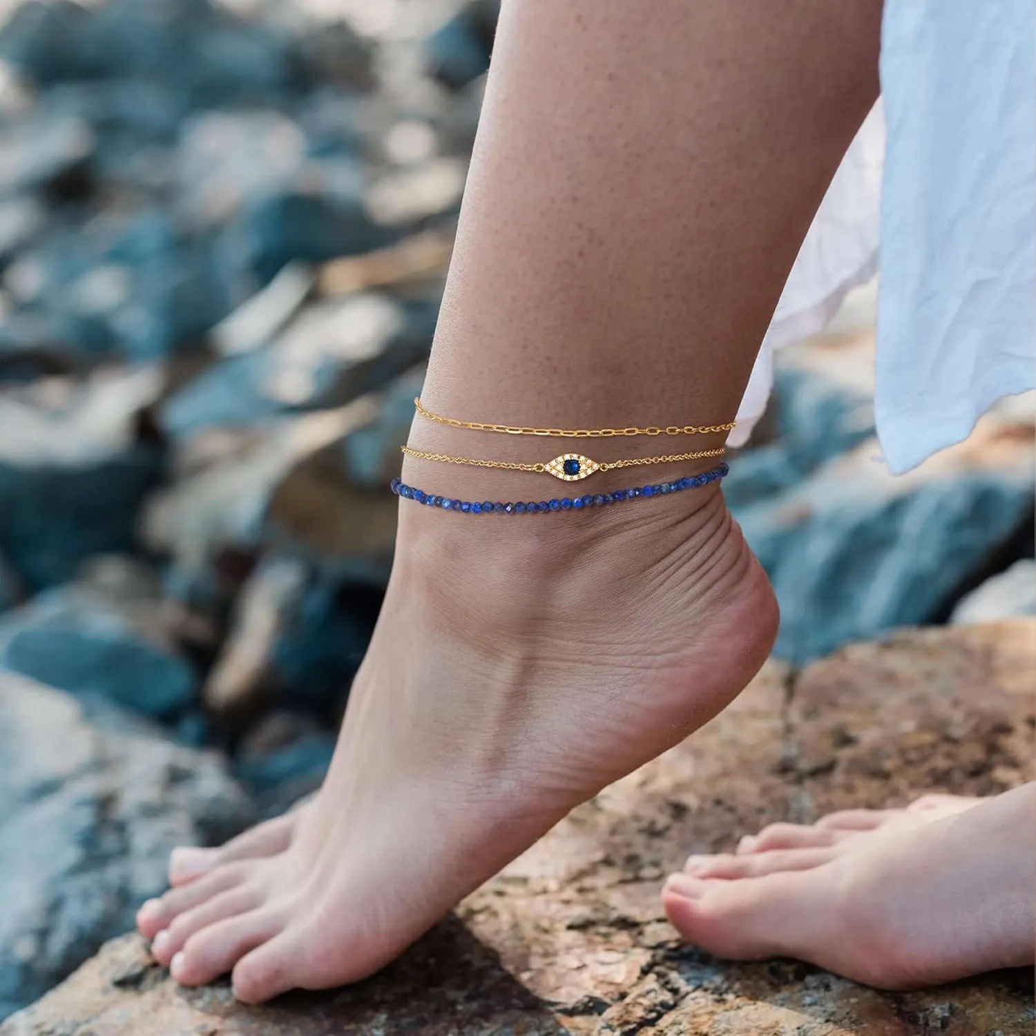 DREMMY STUDIOS Gold Anklet Bracelets for Women 14K Gold Plated Stone Handmade Beaded Link Chain Anklets Jewelry Gift