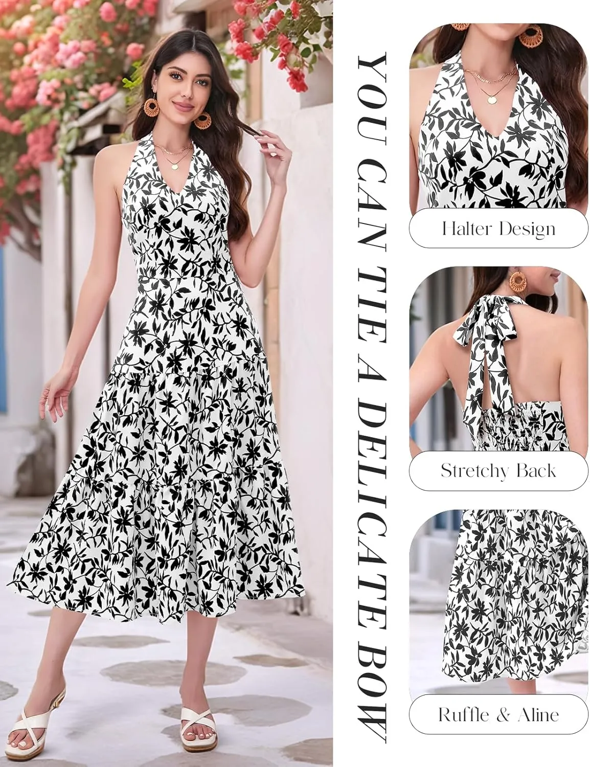 DRESSTELLS Women's Summer Floral Dresses Maxi Boho Casual Halter Neck Spring Vintage Flowy Beach Long Sundress