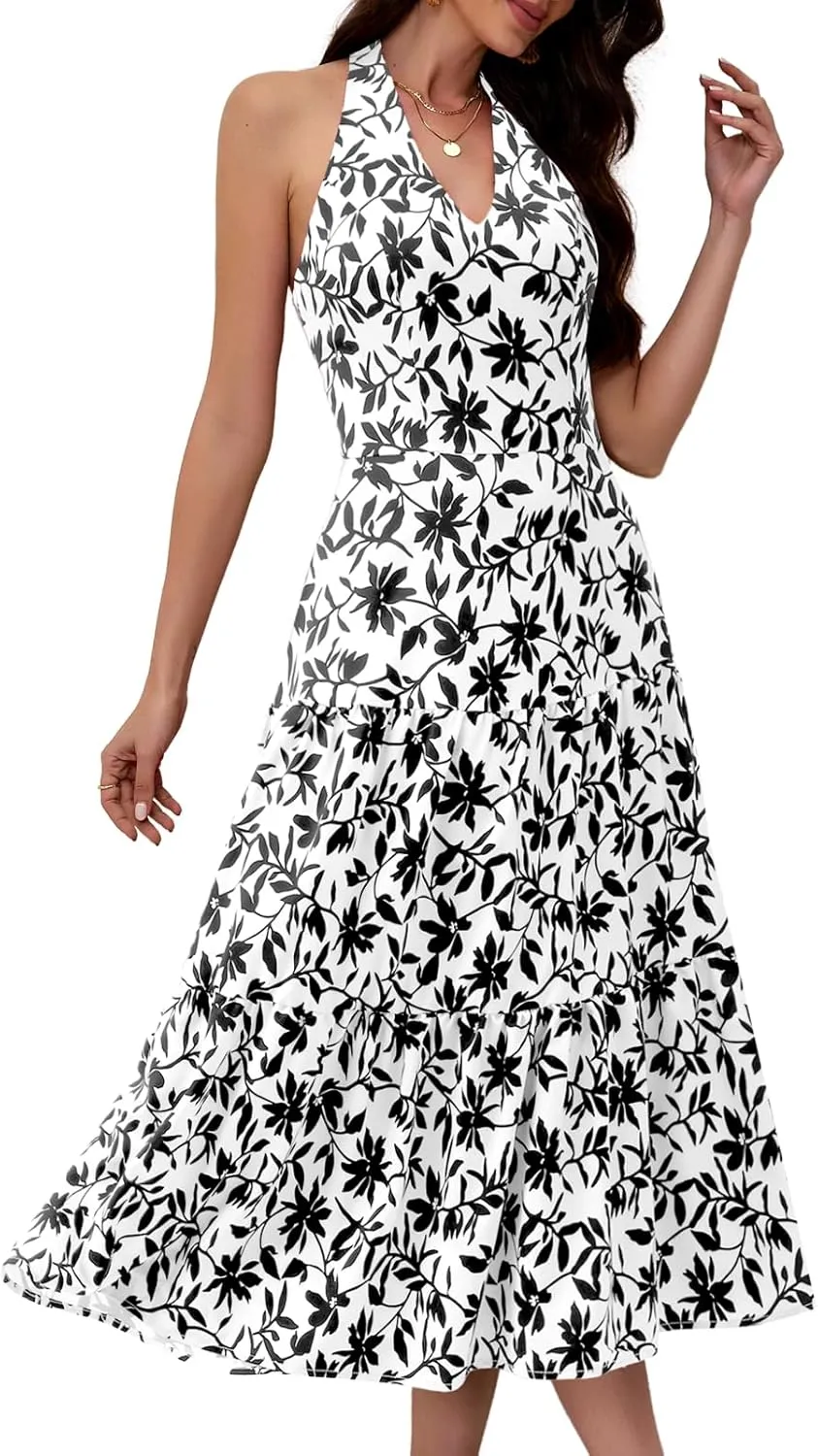 DRESSTELLS Women's Summer Floral Dresses Maxi Boho Casual Halter Neck Spring Vintage Flowy Beach Long Sundress