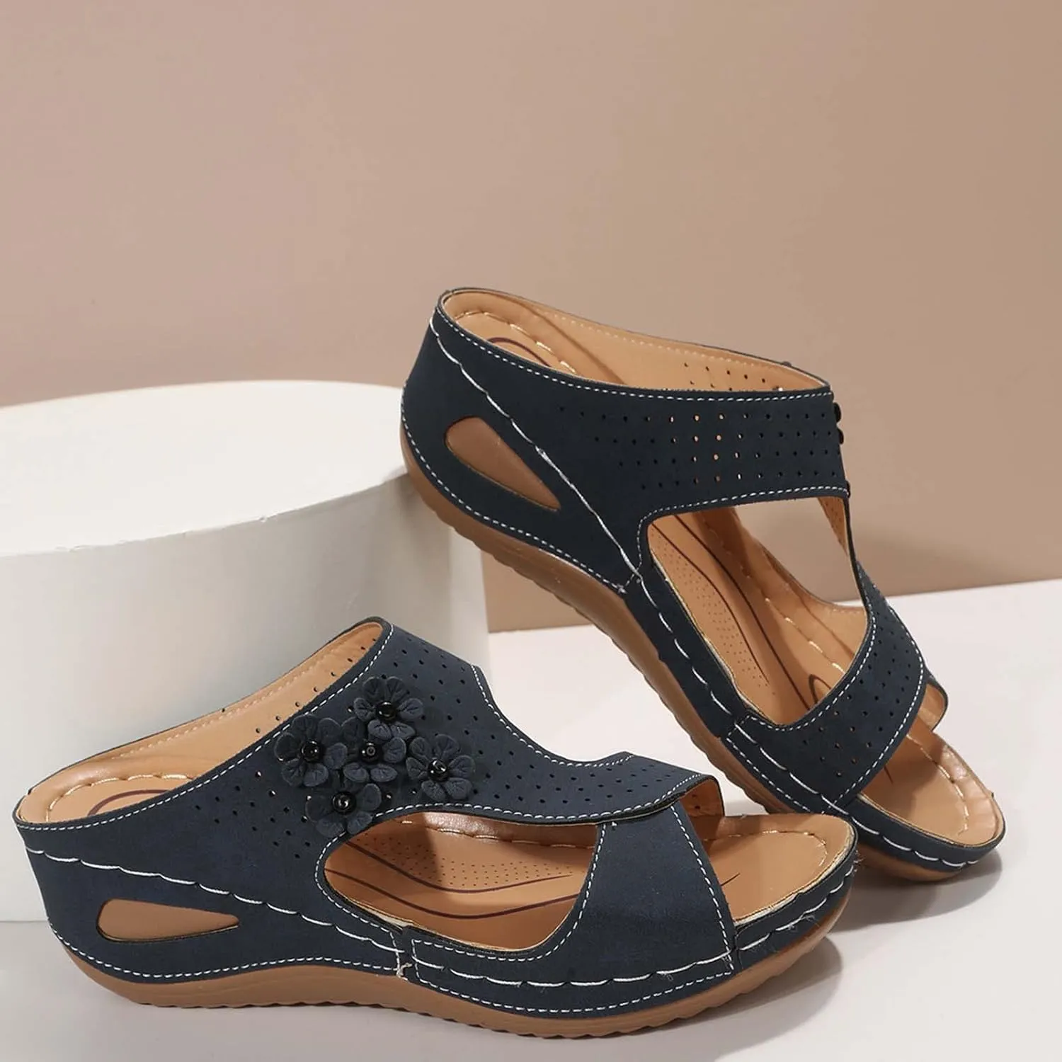 Eduavar Orthopedic Sandals for Women, Womens Sandals Retro Floral Wedge Sandals Casual Open Toe Sandals with Arch Support