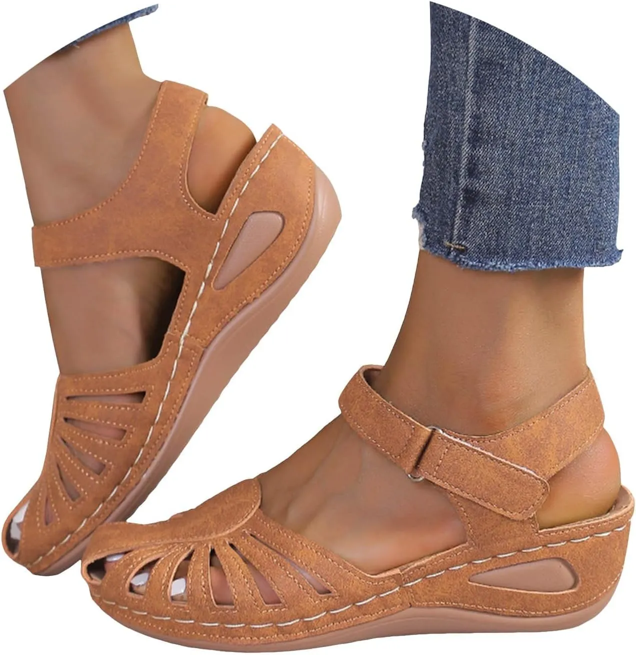 Eduavar Womens Wedge Sandals, Orthopedic Sandals for Women Comfortable Close Toe Sandals Cutout Wedge Sandals