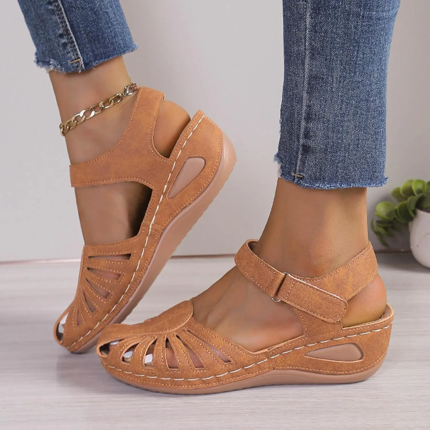 Eduavar Womens Wedge Sandals, Orthopedic Sandals for Women Comfortable Close Toe Sandals Cutout Wedge Sandals