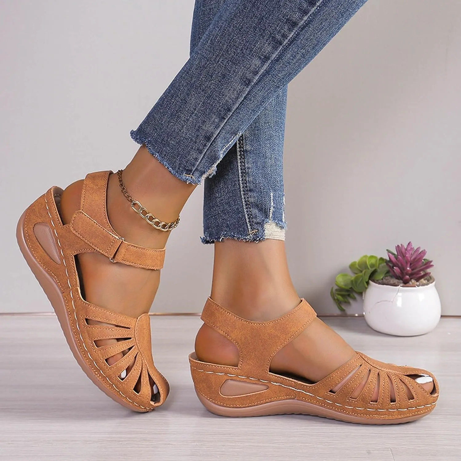 Eduavar Womens Wedge Sandals, Orthopedic Sandals for Women Comfortable Close Toe Sandals Cutout Wedge Sandals