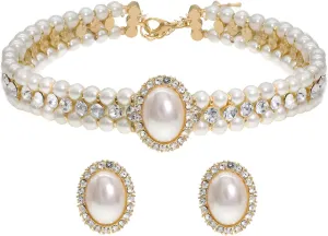 Elegant Layered Simulated Pearl Crystal Necklace Earrings Set for Women Rhinestone Diamond Pearl Choker Collar Neckalce Wedding Jewelry