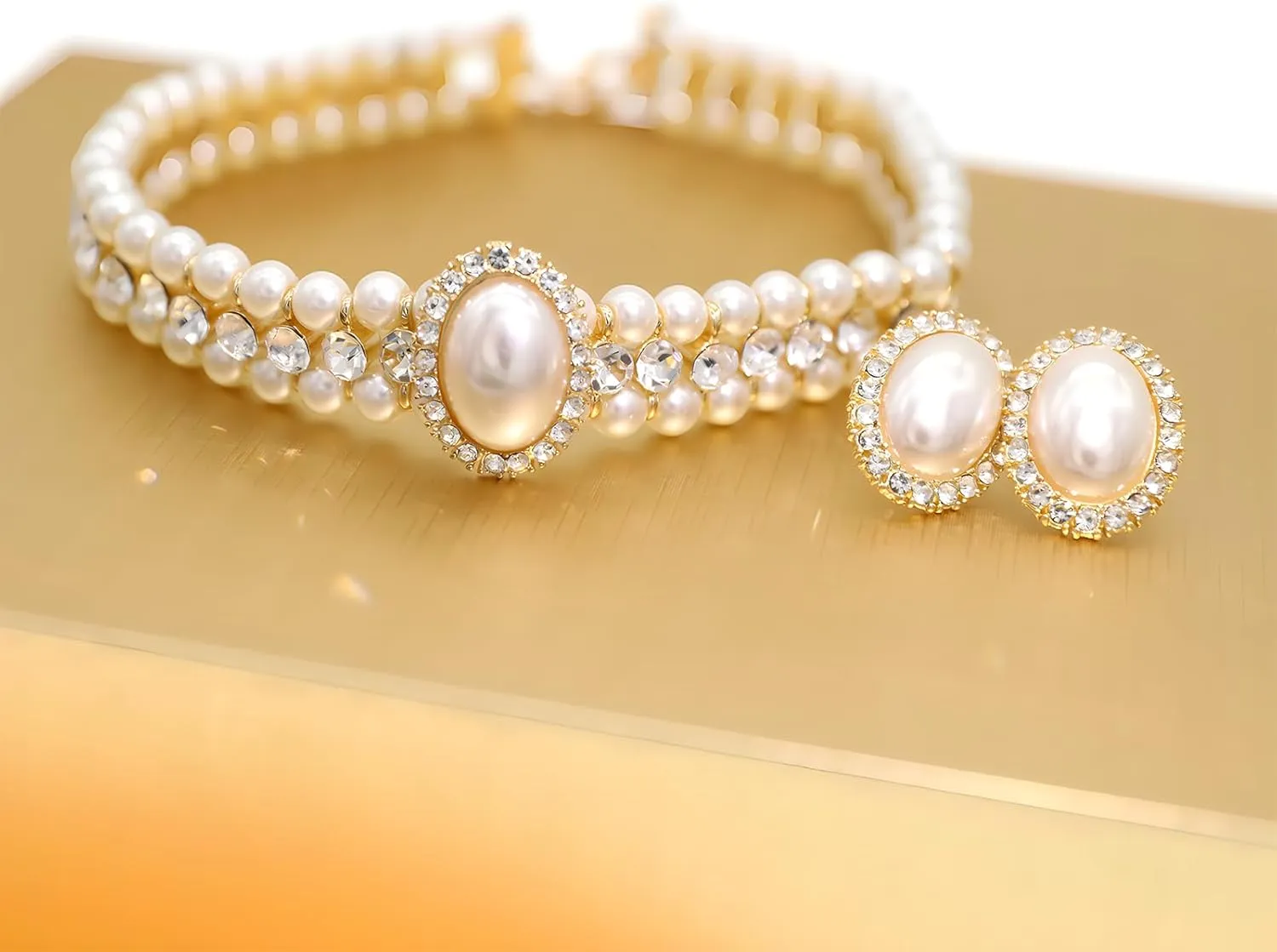 Elegant Layered Simulated Pearl Crystal Necklace Earrings Set for Women Rhinestone Diamond Pearl Choker Collar Neckalce Wedding Jewelry