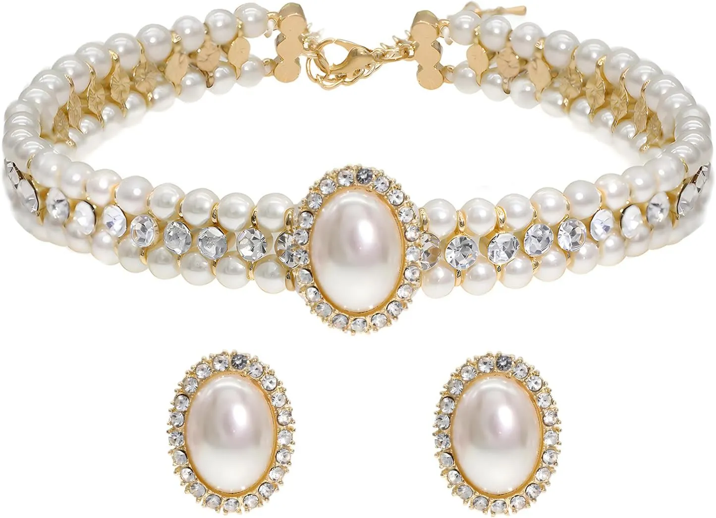 Elegant Layered Simulated Pearl Crystal Necklace Earrings Set for Women Rhinestone Diamond Pearl Choker Collar Neckalce Wedding Jewelry
