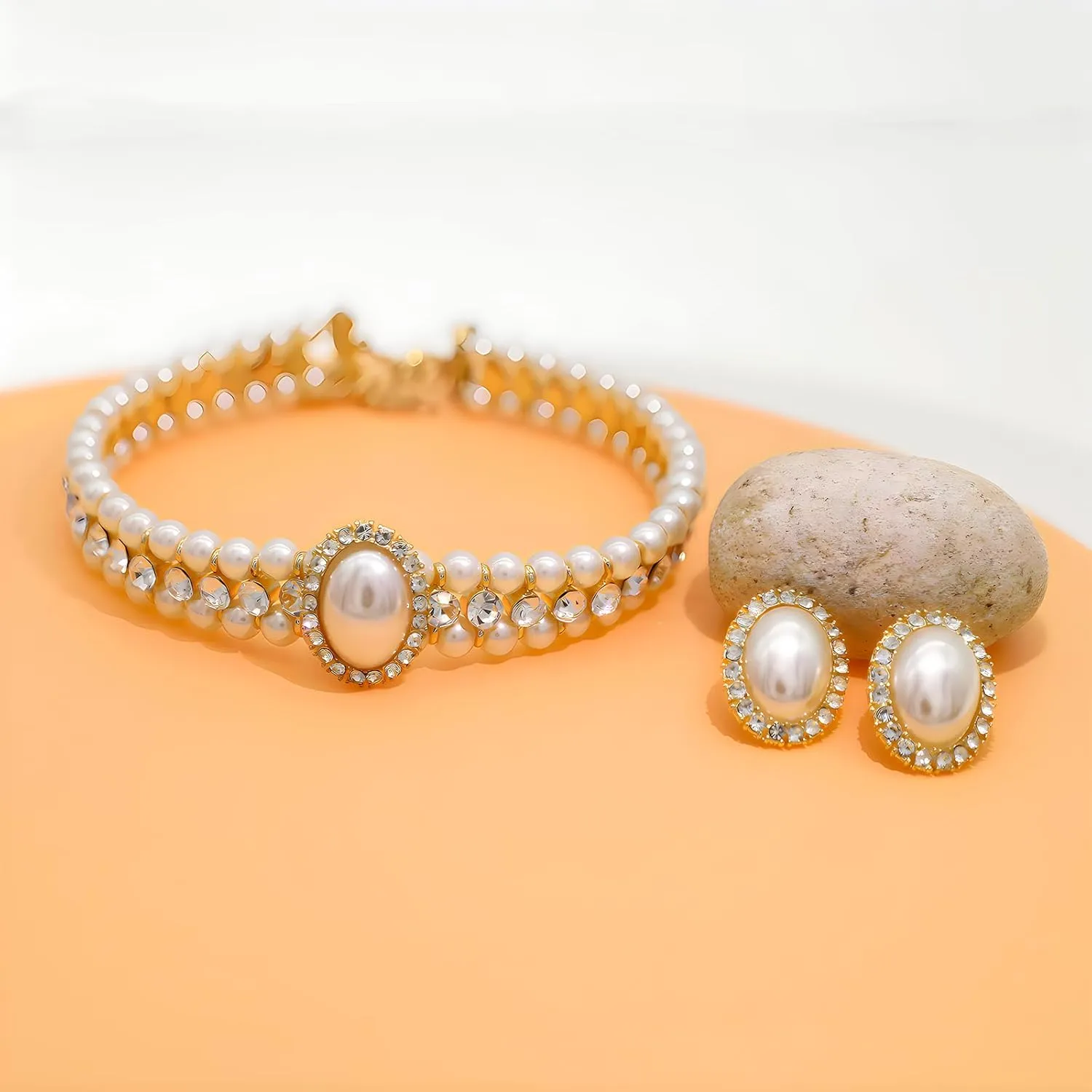 Elegant Layered Simulated Pearl Crystal Necklace Earrings Set for Women Rhinestone Diamond Pearl Choker Collar Neckalce Wedding Jewelry