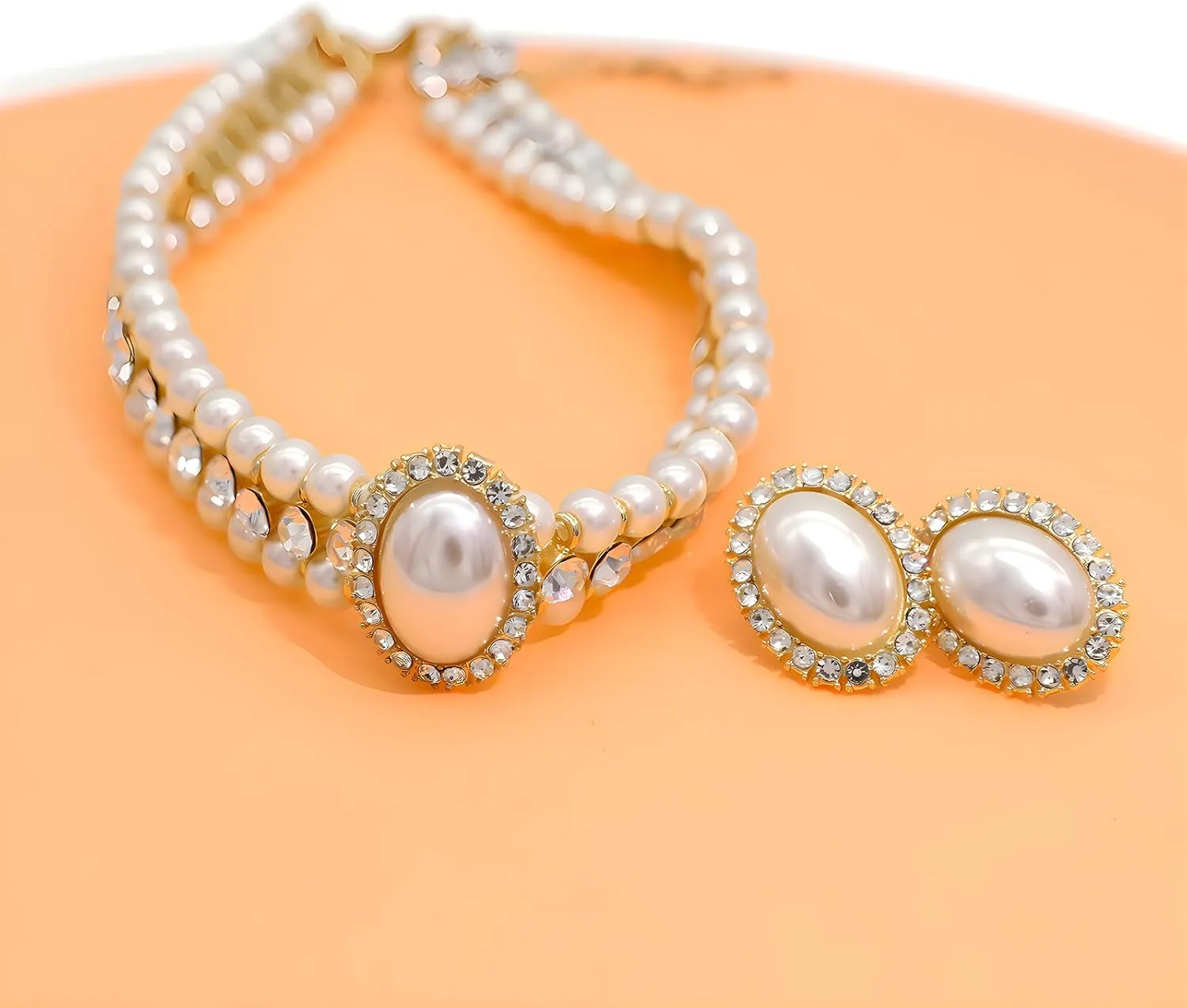Elegant Layered Simulated Pearl Crystal Necklace Earrings Set for Women Rhinestone Diamond Pearl Choker Collar Neckalce Wedding Jewelry