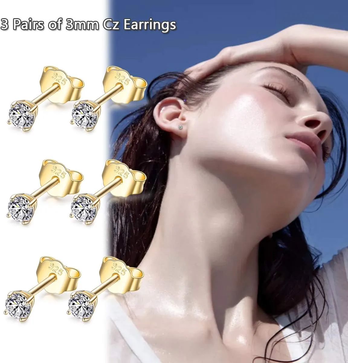 EPIRORA Sterling Silver Stud Earrings for Women Men- 3 Pairs 3mm Tiny Ball Stud Earrings Round CZ Earrings Pearl Earrings Set Cartilage Small Tragus Earrings