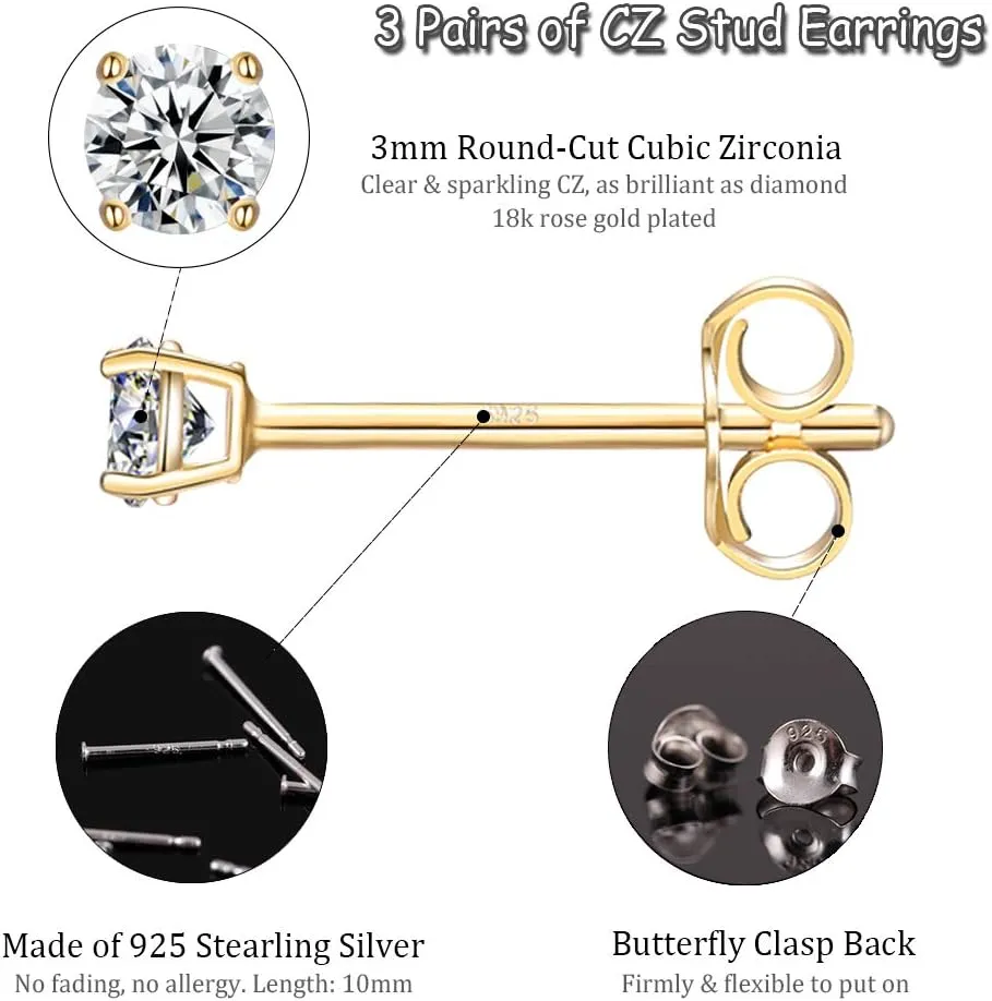 EPIRORA Sterling Silver Stud Earrings for Women Men- 3 Pairs 3mm Tiny Ball Stud Earrings Round CZ Earrings Pearl Earrings Set Cartilage Small Tragus Earrings
