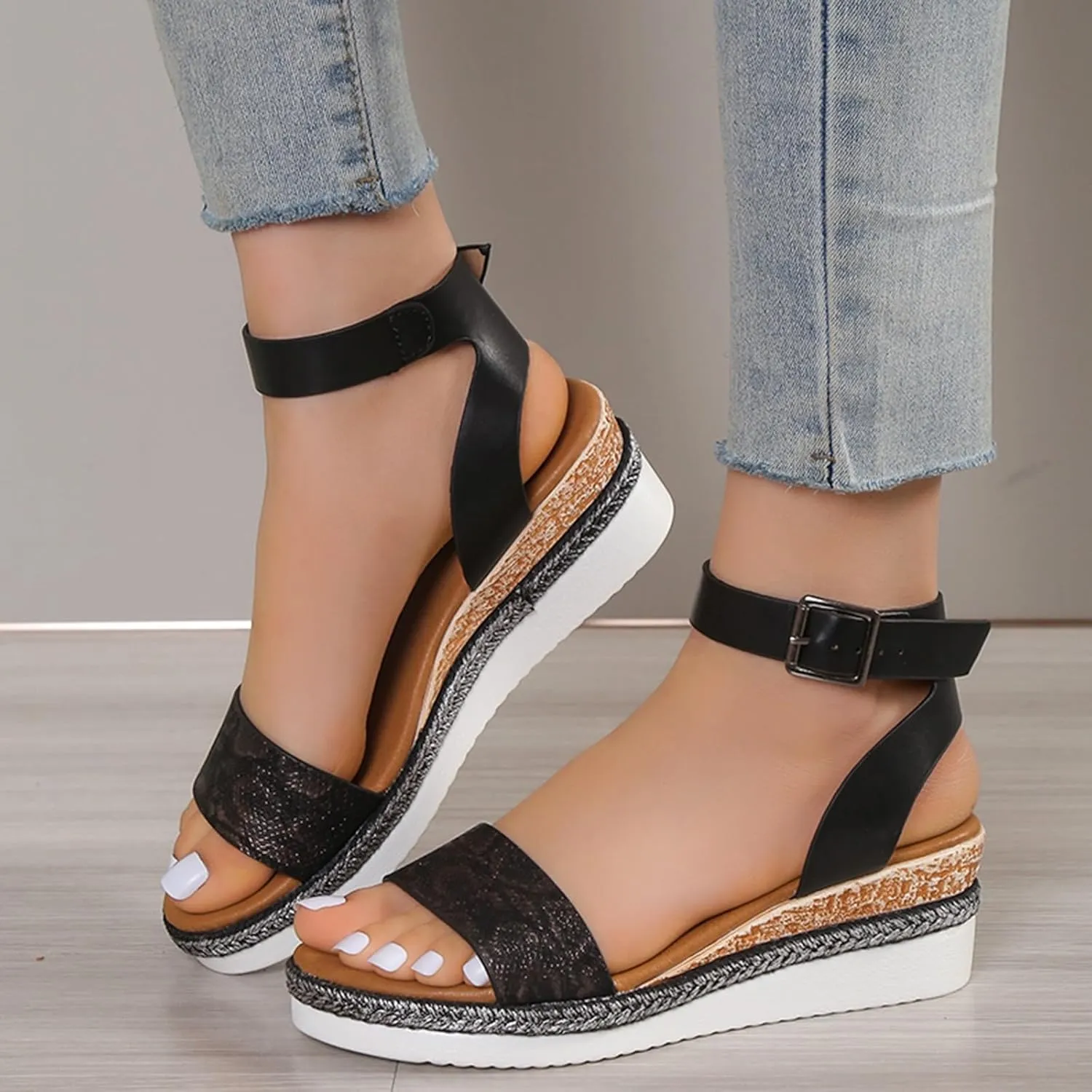 Espadrilles Wedge Sandals for Women 2025 Dressy Summer Open Toe Buckle Ankle Strap Studded Platform Wedges Sandals Comfortable Outdoor Beach Vacation Party Shoes
