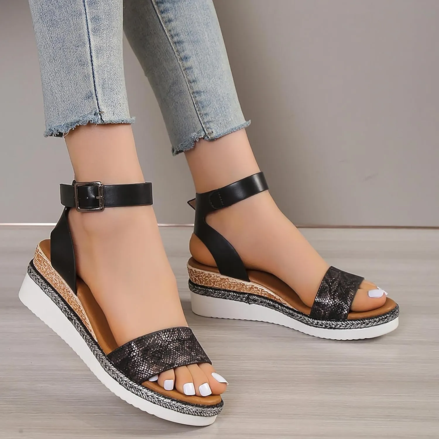 Espadrilles Wedge Sandals for Women 2025 Dressy Summer Open Toe Buckle Ankle Strap Studded Platform Wedges Sandals Comfortable Outdoor Beach Vacation Party Shoes