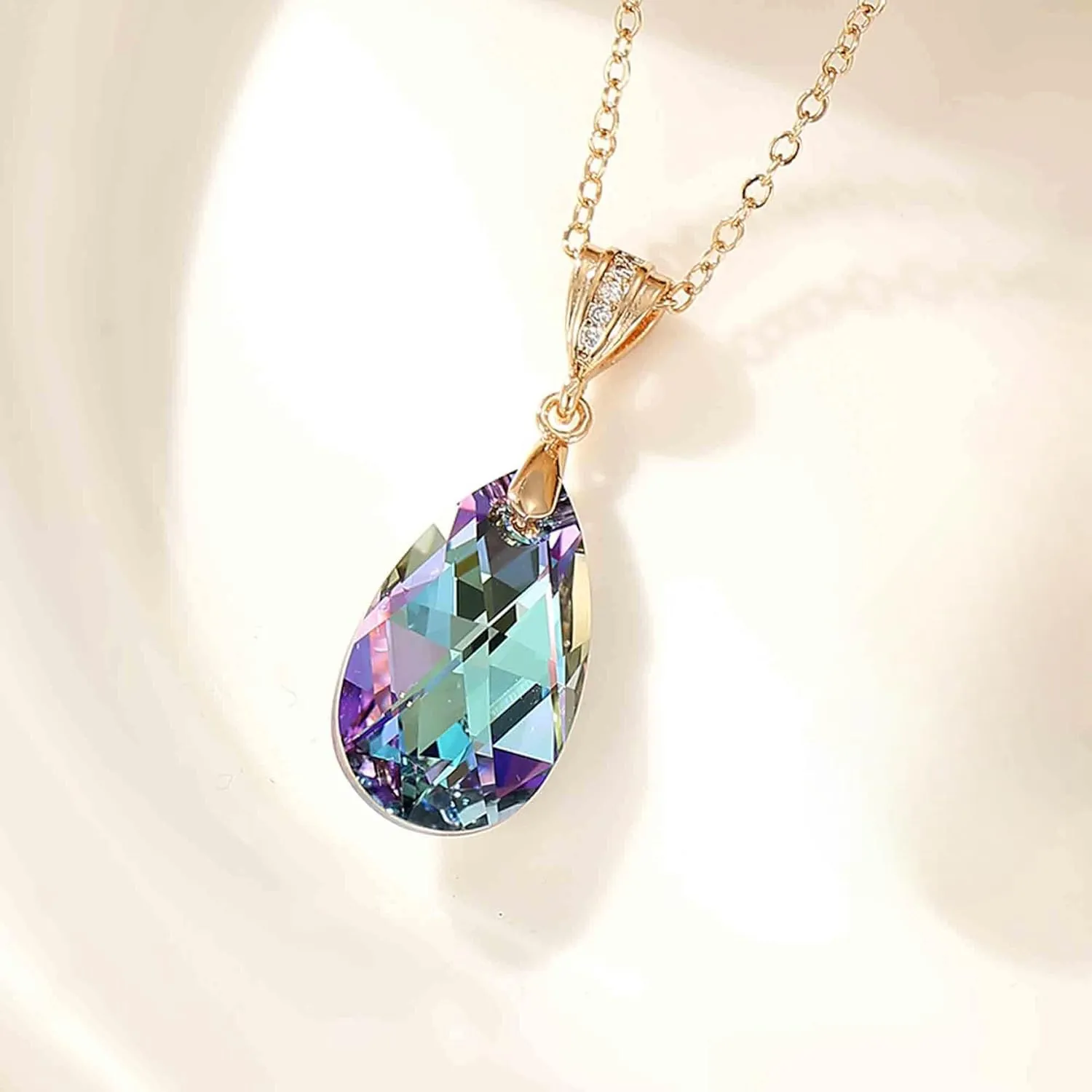 EVEVIC Austrian Crystals Teardrop Pendant Necklace for Women 14K Gold Plated Eco-friendly Brass Hypoallergenic Jewelry