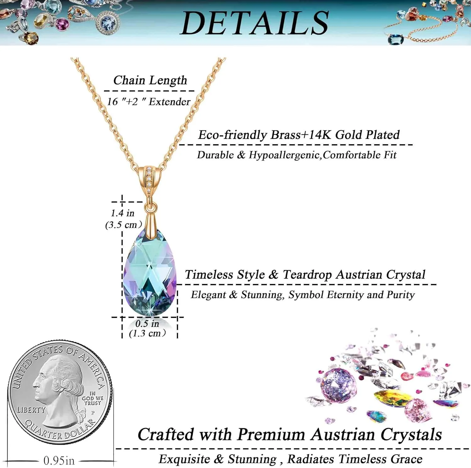 EVEVIC Austrian Crystals Teardrop Pendant Necklace for Women 14K Gold Plated Eco-friendly Brass Hypoallergenic Jewelry