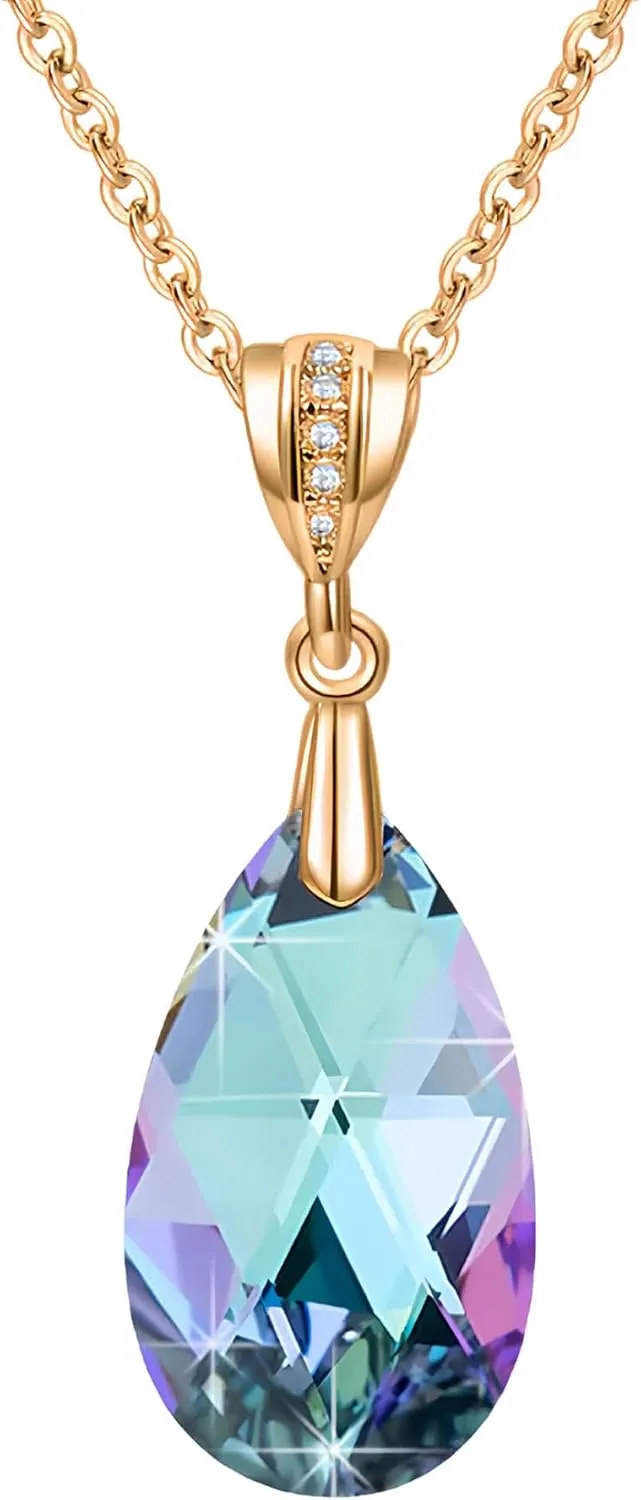 EVEVIC Austrian Crystals Teardrop Pendant Necklace for Women 14K Gold Plated Eco-friendly Brass Hypoallergenic Jewelry