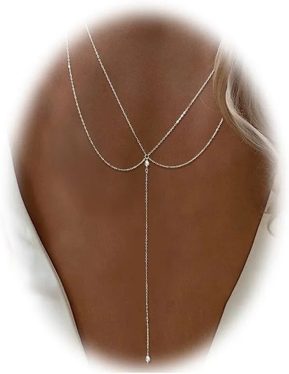 Eyraevor Layered Back Chain Necklace Wedding Bridal Gold-Toned Crystal Backdro Necklace Body Jewelry for Backless Dresses