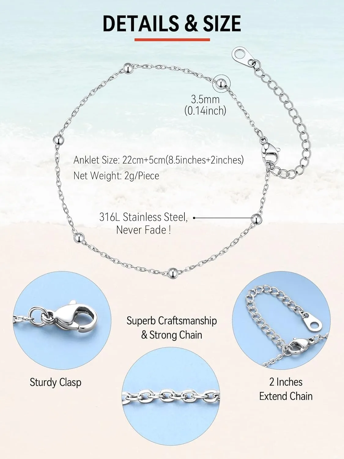 FaithHeart Ankle Bracelets for Women Silver Anklets for Women Waterproof Stainless Steel Miami Cuban Link/Beaded/Figaro Anklets Adjustable Length Summer Beach Foot Jewelry with Gift Box