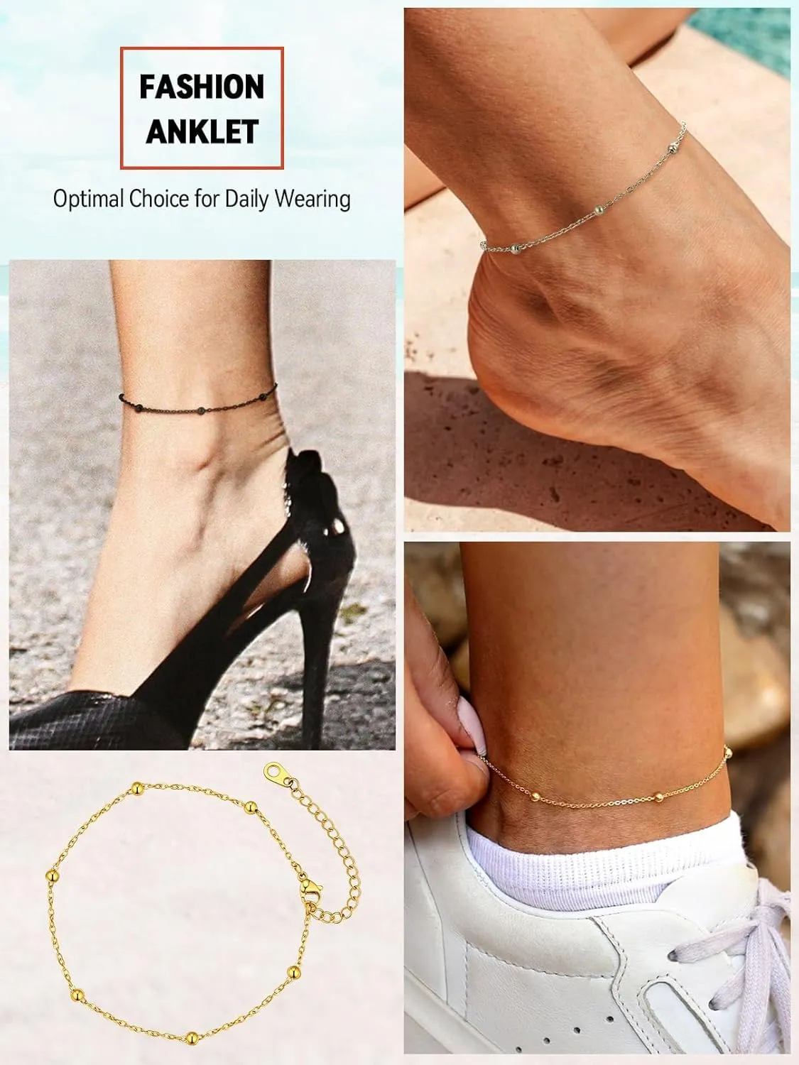 FaithHeart Ankle Bracelets for Women Silver Anklets for Women Waterproof Stainless Steel Miami Cuban Link/Beaded/Figaro Anklets Adjustable Length Summer Beach Foot Jewelry with Gift Box