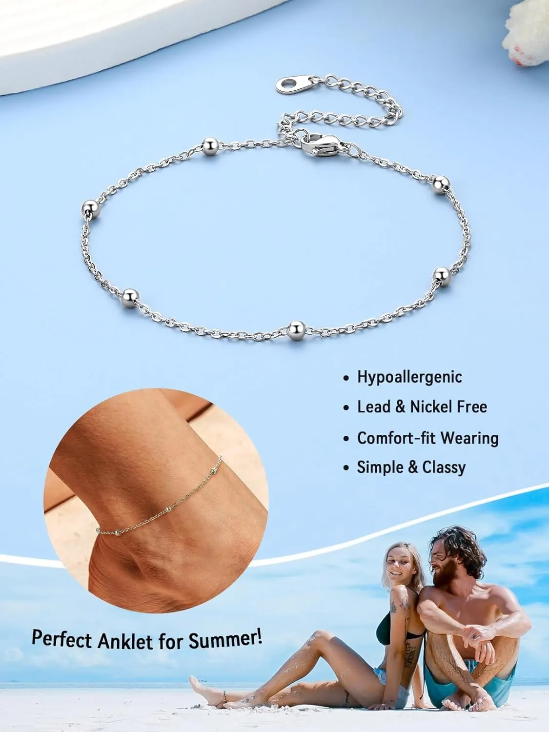 FaithHeart Ankle Bracelets for Women Silver Anklets for Women Waterproof Stainless Steel Miami Cuban Link/Beaded/Figaro Anklets Adjustable Length Summer Beach Foot Jewelry with Gift Box