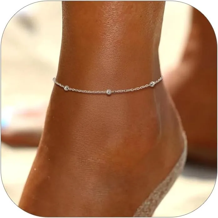FaithHeart Ankle Bracelets for Women Silver Anklets for Women Waterproof Stainless Steel Miami Cuban Link/Beaded/Figaro Anklets Adjustable Length Summer Beach Foot Jewelry with Gift Box